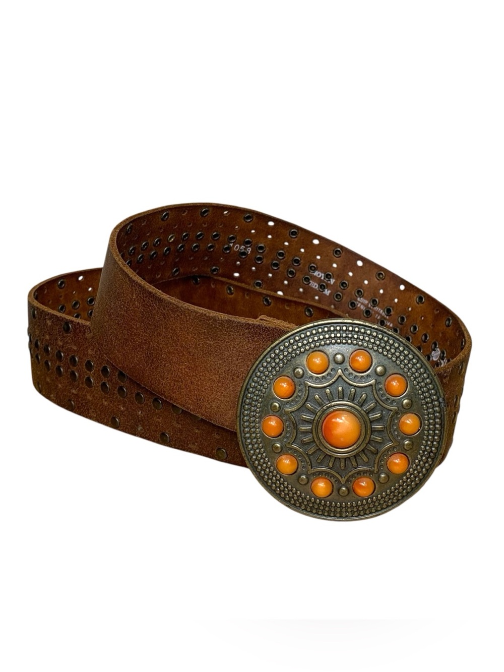 Simons Brown Leather Boho Belt 2" Studded Orange Stone Concho Buckle Western M